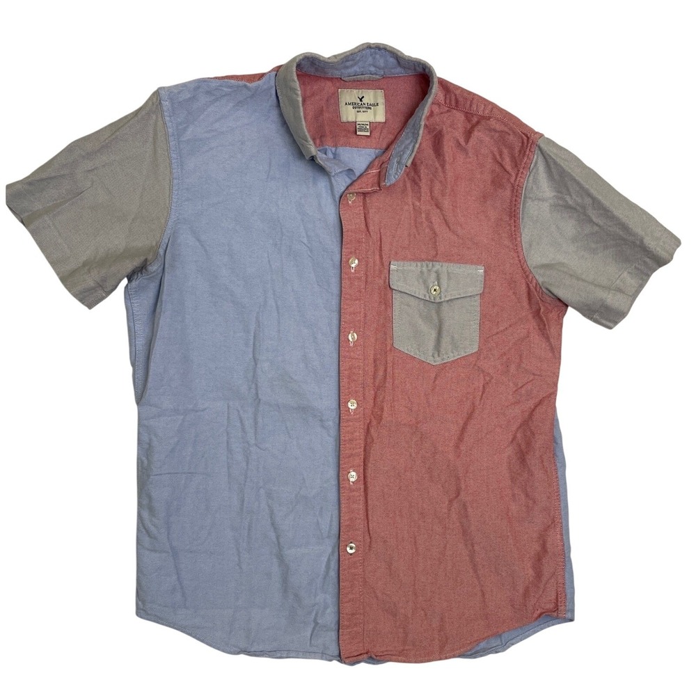 American Eagle Colorblock Oxford Shirt Mens Medium Blue Red Grey Short Sleeve